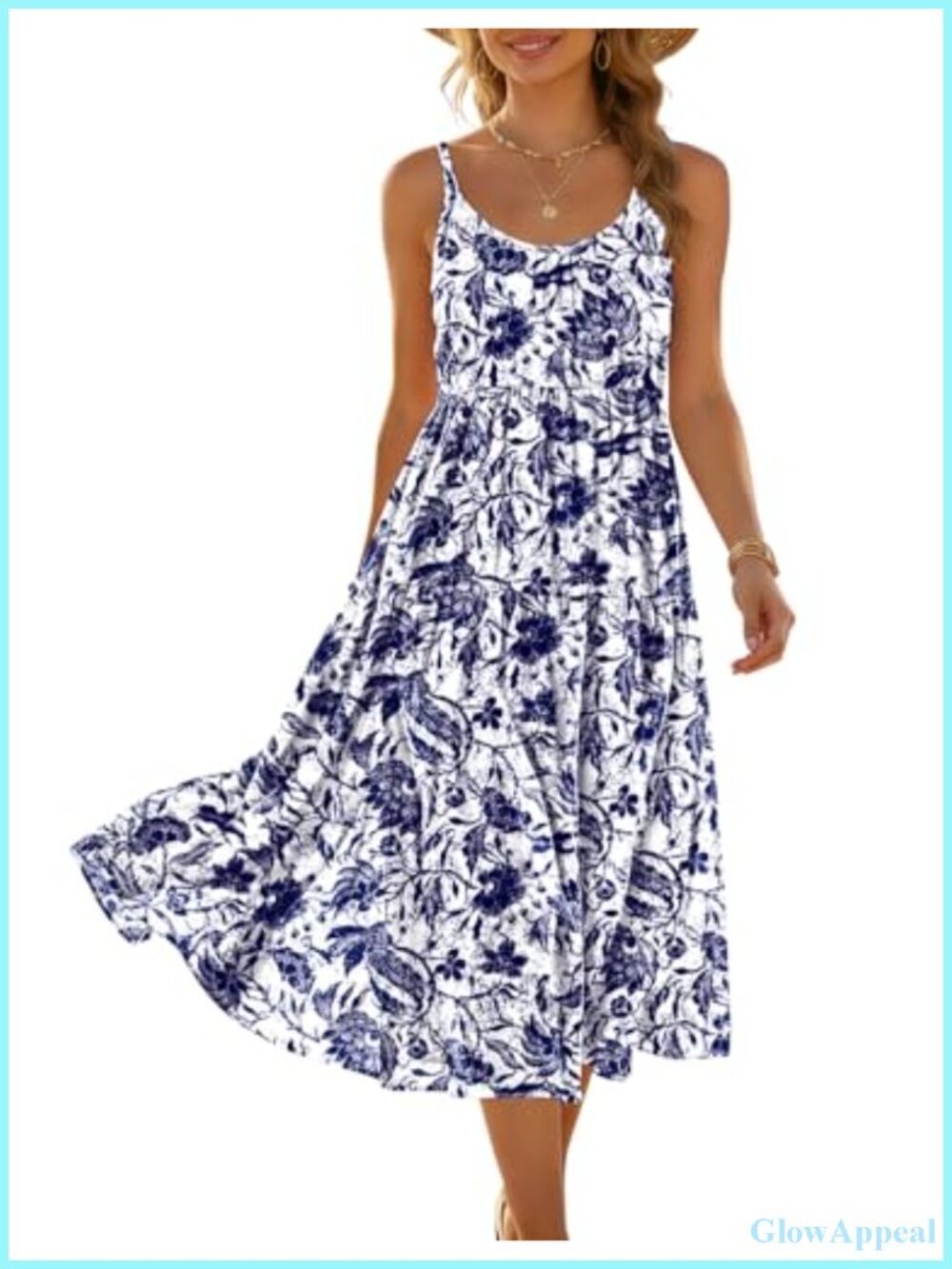 Women Spaghetti Strap Midi Sundress Flowy Boho Dress with Pockets